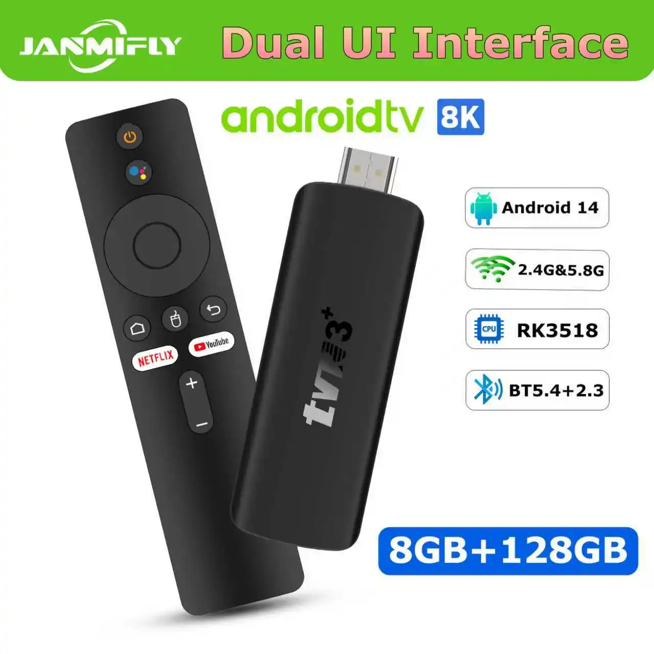 

Глобальная версия TVR3+ TV Stick 8K Android 14, портативная медиаприставка для стриминга, 8 ГБ ОЗУ, 128 ГБ ПЗУ, многоязычная, RK3518 Quad Core, BT5.0