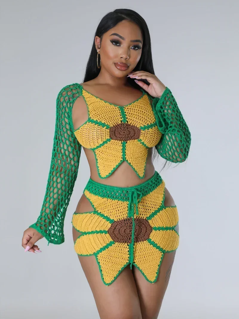 GUWU-Conjunto de dos piezas de girasoles para mujer, Top corto y minifalda por debajo de la rodilla, traje Sexy para vacaciones en la playa, tejido de ganchillo y girasol