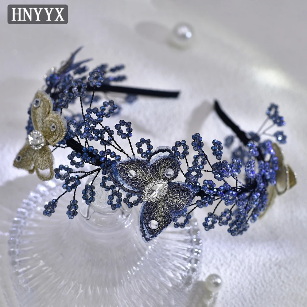 HNYYX Blue Flower Beaded Headband Elegant Women's Party Hairband Anti Slip Butterfly Headband Jewelry Hair Accessories Gift A208