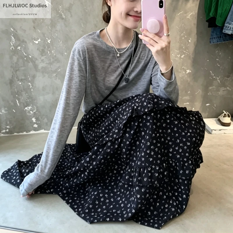 Cotton Blends Skirts Art Mori Girls Cute Sweet Japanese Style FLHJLWOC Casual High Waist A Line Ruffles Black Retro Long Skirt