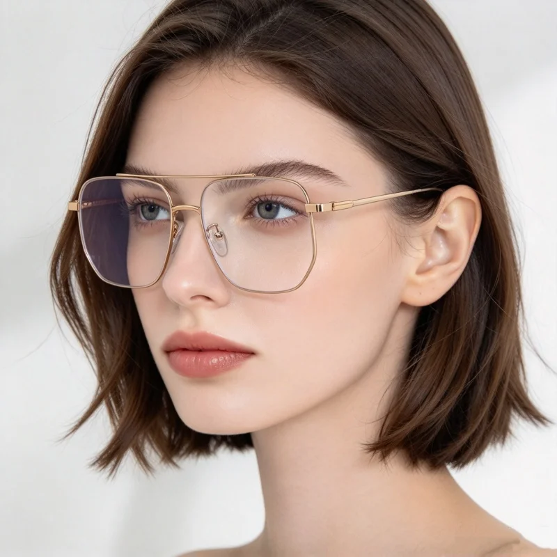 2026 New Fashionable Personalized Double Beam Metal Frame Women's Flat Light Glasses Ultra Light Neutral Anti Blue Light Glasses