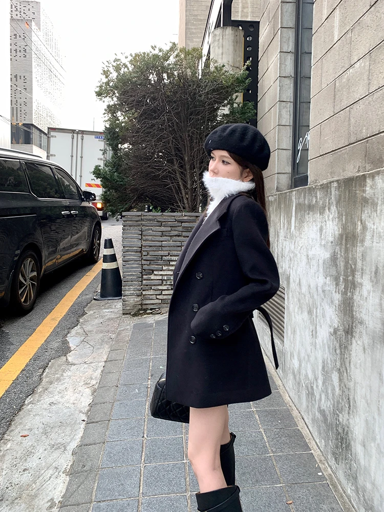

Titi Little Sister Rhein Riverbank Bla Belt Casual Double Button Long Sve Woolen Suit Jaet Women's Faion Commute Sle