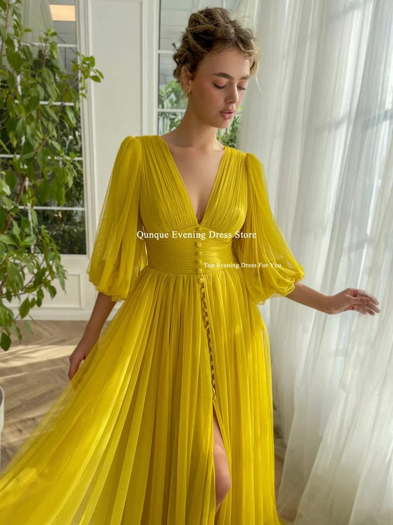 Qunque Orange Slit Prom Dress V-neck Pleated Puff Sleeves Tulle Formal Evening Dress Customized Women Party Gowns With Buttons