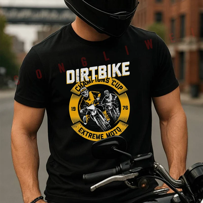 

Motocross Emblem With Riders In Orange Circle Men's Cotton T-shirt Summer Short Sleeved Casual Round Neck Unisex Tops