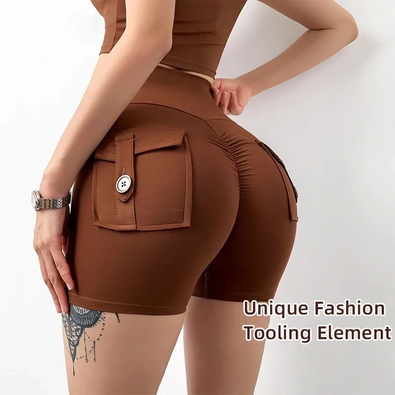 

Персиковые шорты для фитнеса, женские брюки три четверти для упражнений, брюки-карго, воздушно-сухие карманы, облегающие летние шорты для йоги