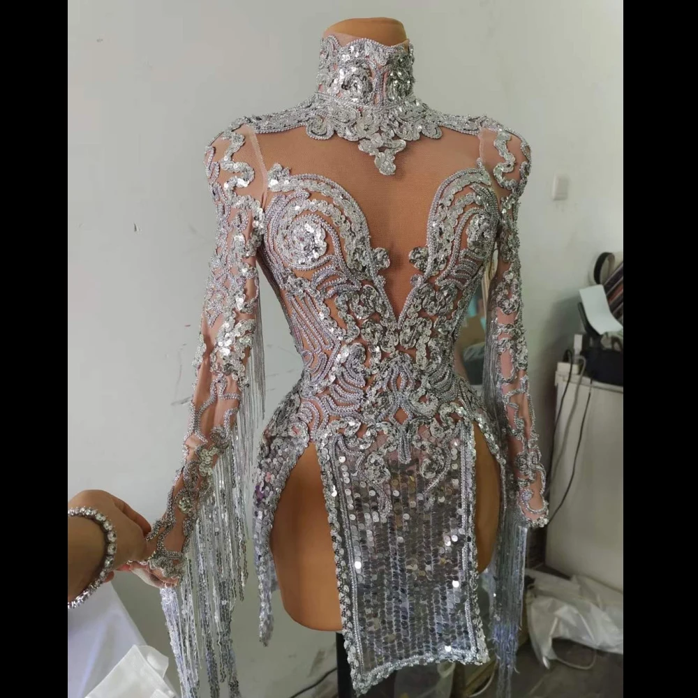 Sparkly Silver Fringe Women Mesh Transparent Sequin Dress Dance Outfit Sexy Club Wear Singer Leotard Stage Drag Queen Costumes