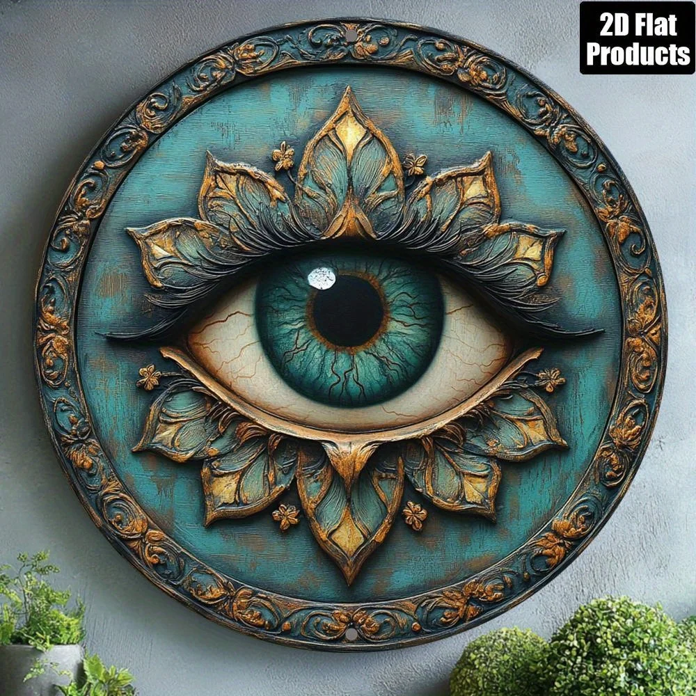 2D Flat, [2D Flat] 2D Flat Print 1pc Metal Iron Sign 2D Flat, 2D Flat Eye Protection Theme, Round Metal Decorative Plaque, Suita