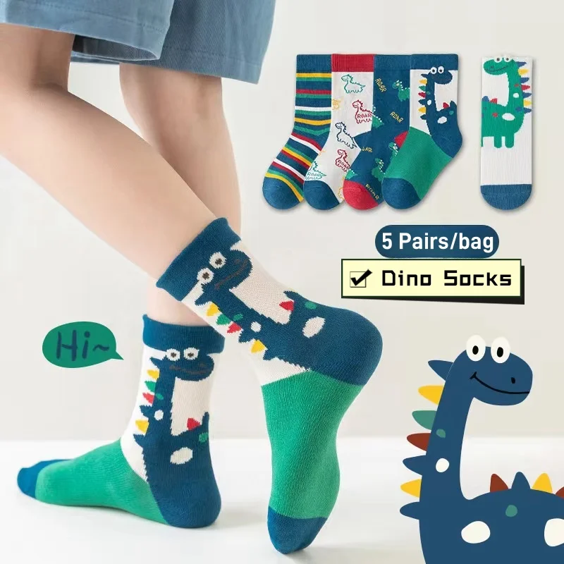 

5 Pairs/lot Children's Socks Cartoon Dinosaur Socks Boys Spring Autumn Mid Calf Length Cotton Socks