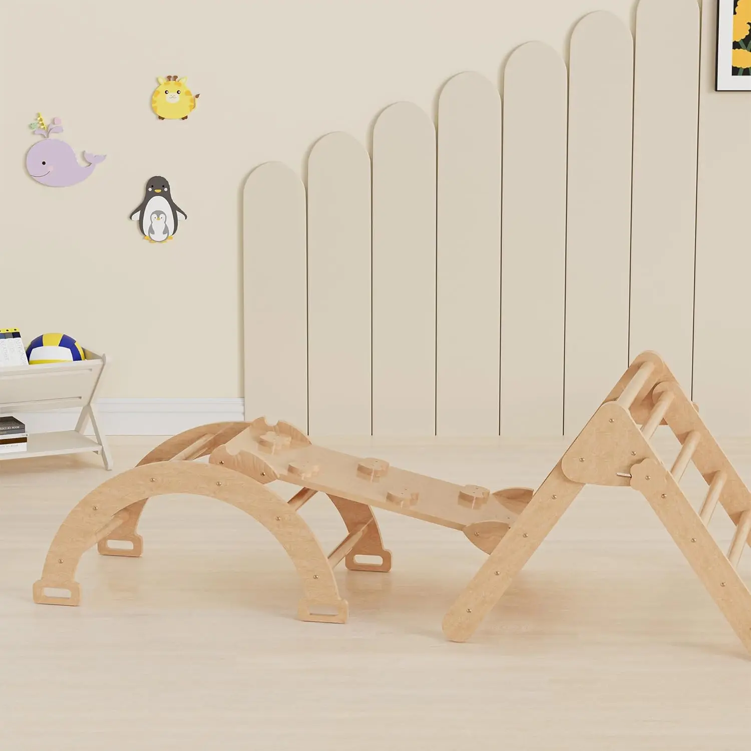 Set triangolo Pikler 5 in 1, giochi da arrampicata pieghevoli per interni, con scalatore ad arco, bilanciere, palestra nella giungla, rovere