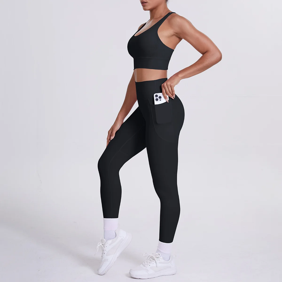 

Костюм для йоги с высокой талией и подъемом бедер, спортивный костюм для фитнеса с перекрестной спиной и карманами на спине, комплект из 2 предметов, одежда для бега, тренировок, спортивная одежда для спортзала