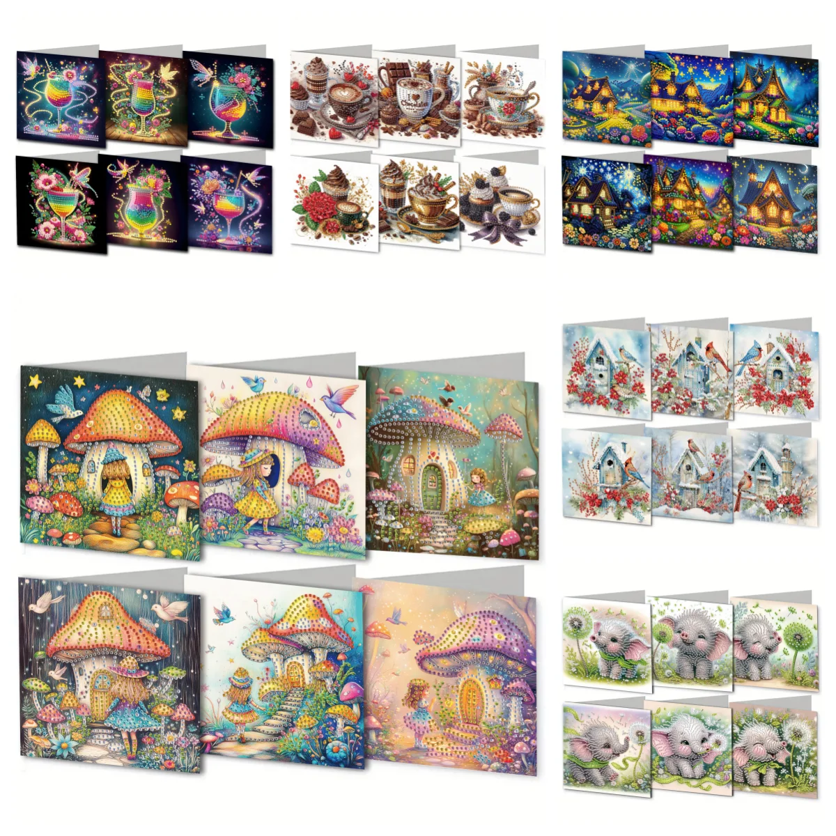 6 Diamond Painting Sets, DIY Paper Rose/Coffee/House/Bird/Cup/Patterned Greeting Card Postcards, Perfect for Festival Gifts