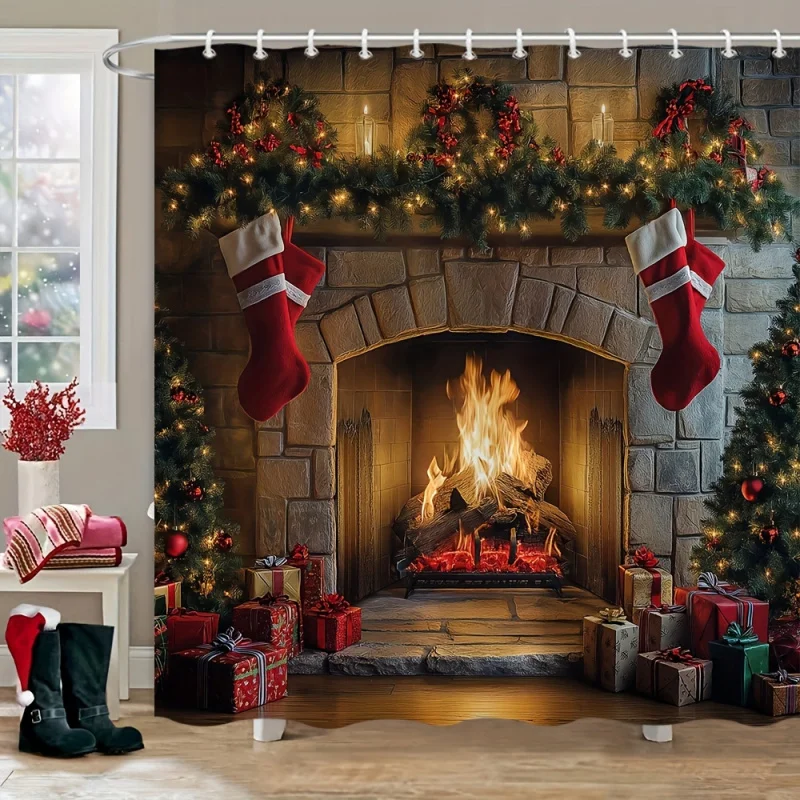 Christmas Cheer Shower Curtain - Festive Fireplace & Candle Design with Hooks, Washable Polyester Bathroom Decor