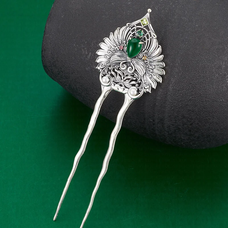 S925 Sterling Silver Charms Hair Sticks for Women Palace Style Flowers Green Agate U-shaped Hair Forks Hairpin Jewelry Wholesale