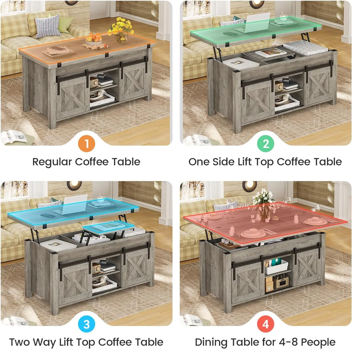 Lift Top Coffee Table, 4 in 1 Multi-Function Convertible Coffee Tables with Storage and Hidden Compartment,