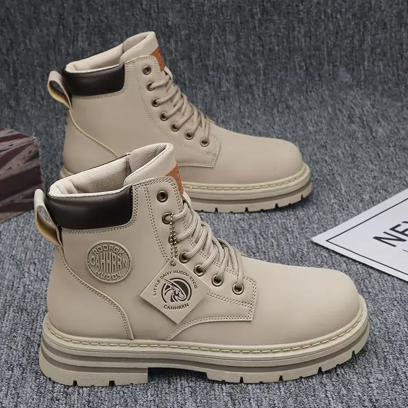 Larger size Men Retro Work Shoes Autumn Thick Bottom High Top Non Slip Casual Boots PU Leather Lace-up Big Head Tooling Boots