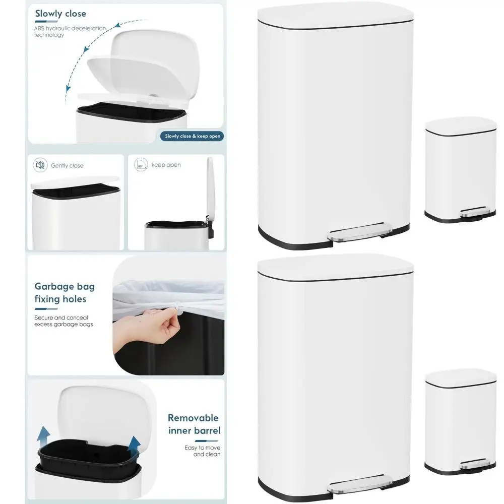 13.2L White Step-On Trash Can with Stainless Steel, Removable Inner Bucket, Touch-Free Lid for Kitchen & Home Use