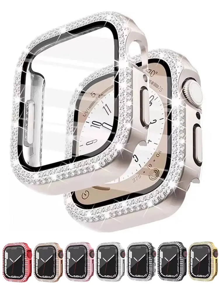 Bling Glass+Cover For Apple Watch Case 44mm 45 41mm 40mm 44 mm women Diamond bumper+Screen Protector iwatch series 7 9 8 5 6 SE