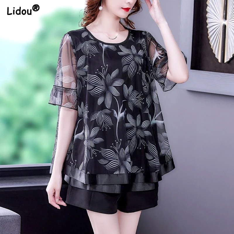 

Printing T-Shirts Round Neck Floral Patchwork Short Sleeve Leisure Gauze Loose Thin Summer Korean Casual Women's Clothing 2023