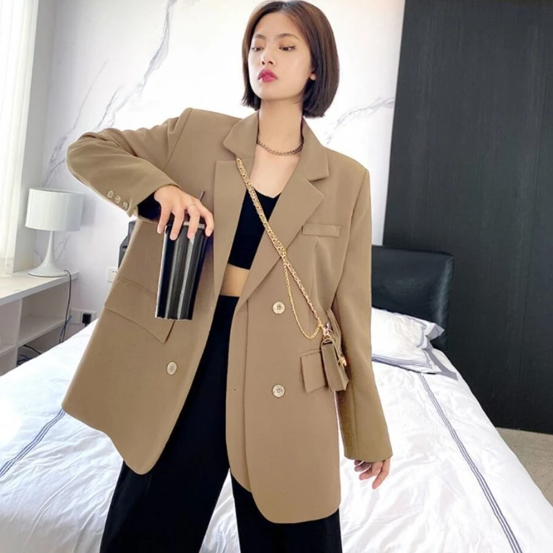 

Женский повседневный коричневый пиджак большого размера, весна-осень 2024, двубортный шикарный пиджак в корейском стиле для студентов