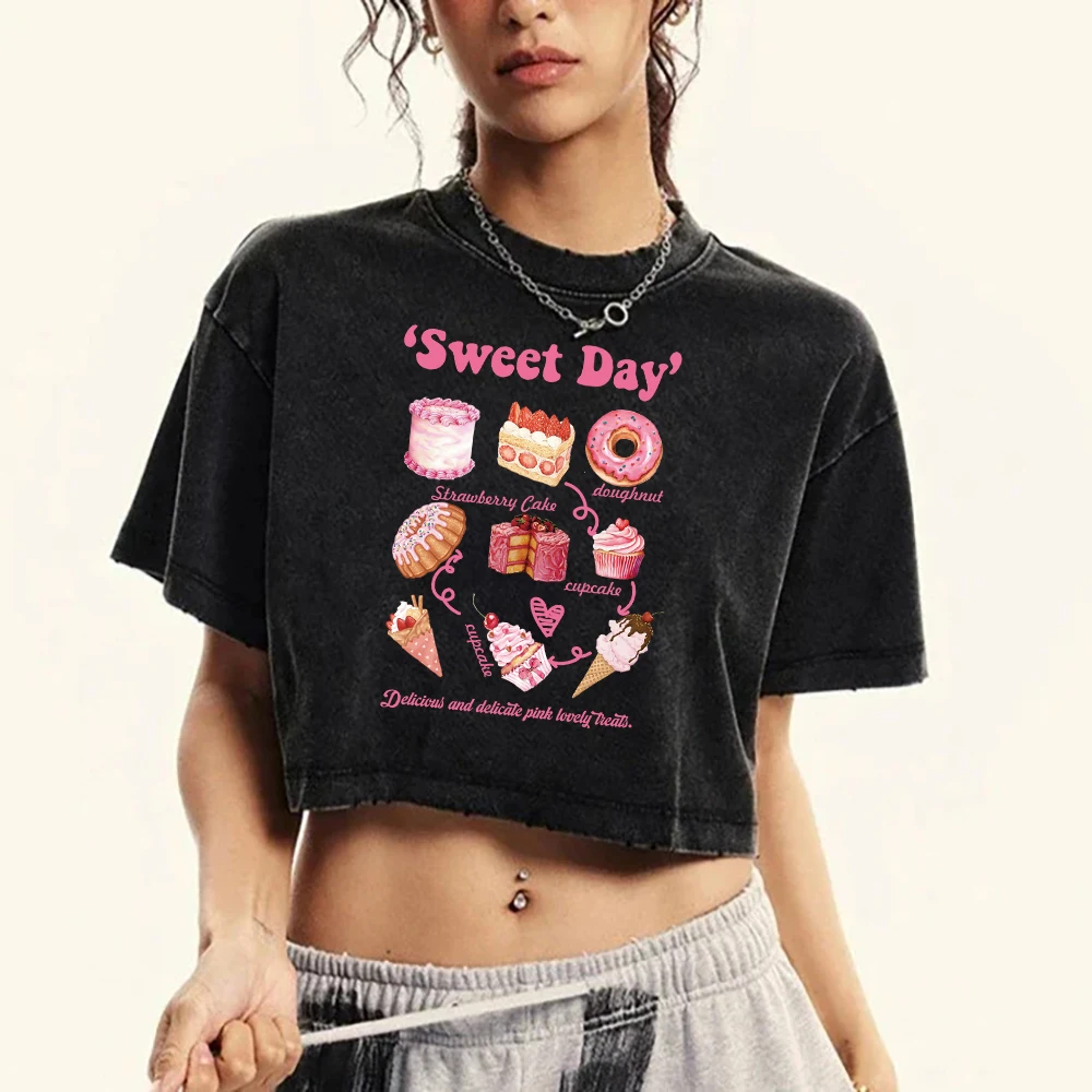

Женская стираная футболка с принтом Sweet Day Cake Dessert, хлопковые уличные футболки в стиле ретро, мягкий модный укороченный топ, летняя одежда