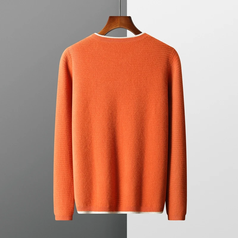 Autumn and Winter 100% Pure Wool Sweater Men's Round Neck Color Contrast Top  Knitted Thickened Thermal Pullover Two Fake Pieces