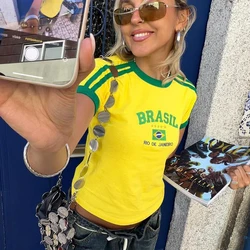 Y 2K Vijf-Sterren Brazilië Crop Top Zomer Vrouwen Esthetiek Baby Tees Gothic Emo Meisje Vintage Brief Print Casual Korte Mouw T-Shirt