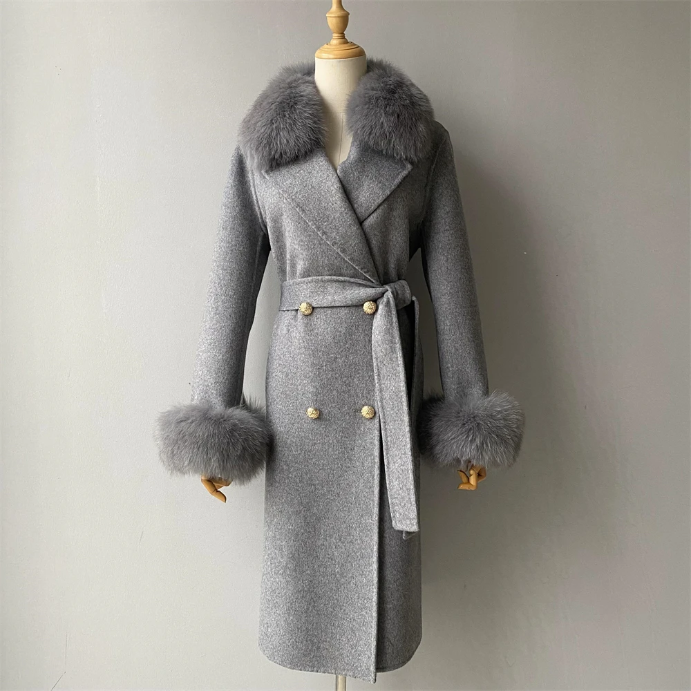 Jxwatcher abrigo de lana de Cachemira primavera Real Cuello de piel de zorro gabardina de lana abrigo de invierno para mujer Venta caliente abrigos de lana de estilo largo