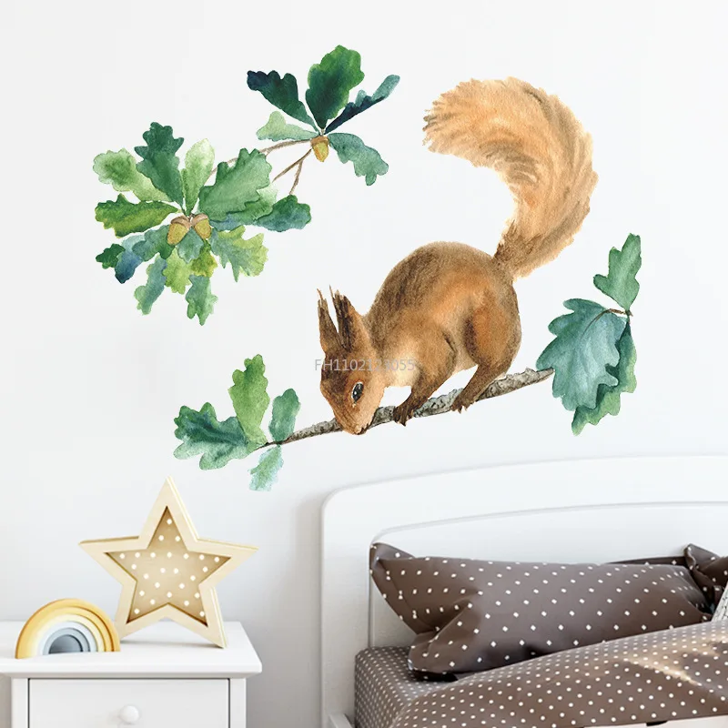 Cartoon Forest Squirrel Wall Sticker Creative Wallpaper Collect Chestnuts Children's Room Nursery Classroom Decorative Stickers