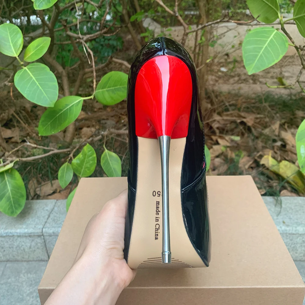 Pompa desain mode dalam merah hitam bersinar 16cm stiletto hak tinggi logam ekstrem sepatu kustom Model foto Fetish seksi