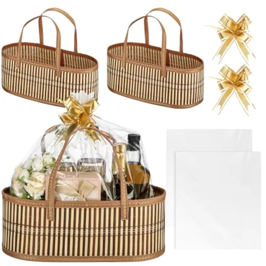 

Woven Baskets for Gifts Empty Large Bamboo Gift Baskets with Handle Cellophane Wrap Bag and Pull Flower Ribbon Sturdy Foldable