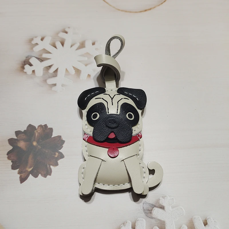 Pug Dog Car Keychain Decoration Bag Charm Genuine Leather Dog Zodiac Handbag Pendant Handcrafted Accessories