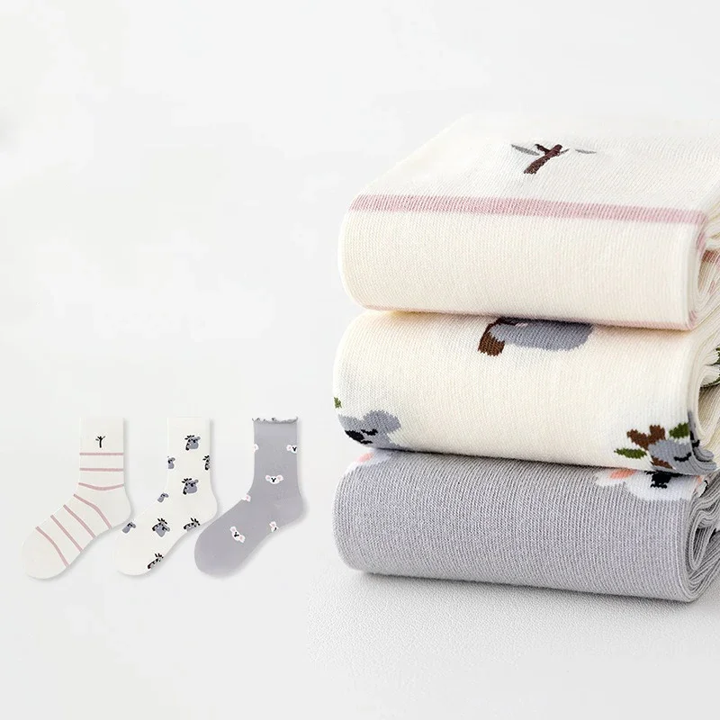 3 Pairs Stylish Cartoon Women Mid Calf Socks Seamless Combed Cotton Soft Breathable Durable Socks for Daily Wear