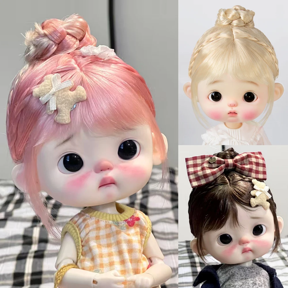 

Awen Wig Big Head Dian Dian Hair Straight Bangs and A Bun Hairstyle Hair for BJD Doll Accessories 9-10inch Gold Pink Brown