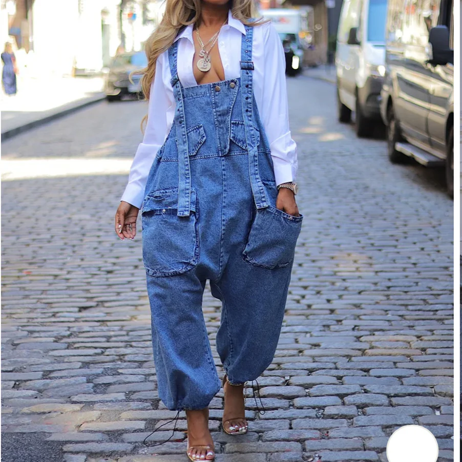 

New Women'S Pants & Trousers Pocket Cargo Overalls Blue Denim Jeans Jumpsuit Loose Suspender High Waist Casual Trousers Pants