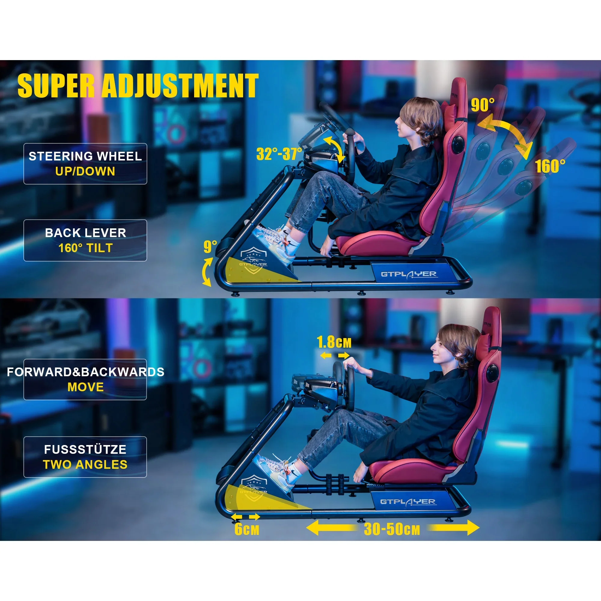 Customizable Racing Simulator Cockpit with Seat, Sim Racing Cockpit Multi-function Adjustable Gaming Wheel Stand for G2