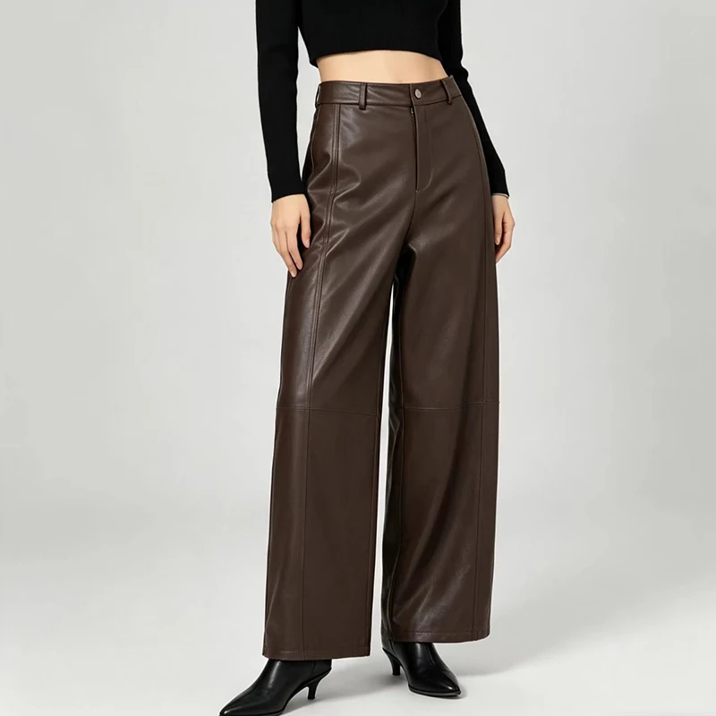 Brown Genuine Leather Pants for Women Sheepskin Splicing High Waist Versatile Loose Casual Straight Leg Trousers Pantalon Femme