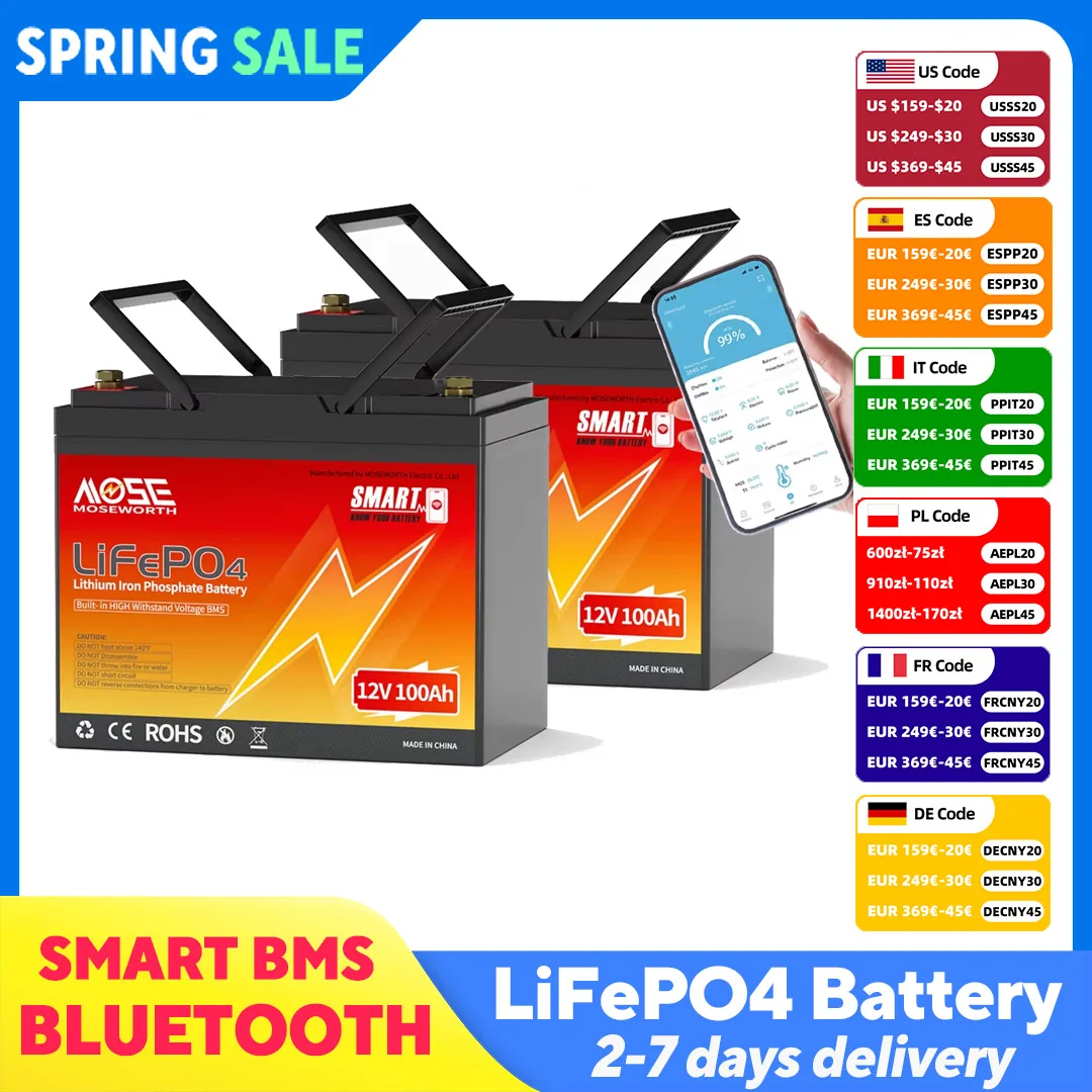 

MOSEWORTH 2pcs 100Ah 12V LiFePO4 Lithium Battery with Bluetooth 100A BMS Deep Cycles for Solar RV Marine Boat Iron Phosphate