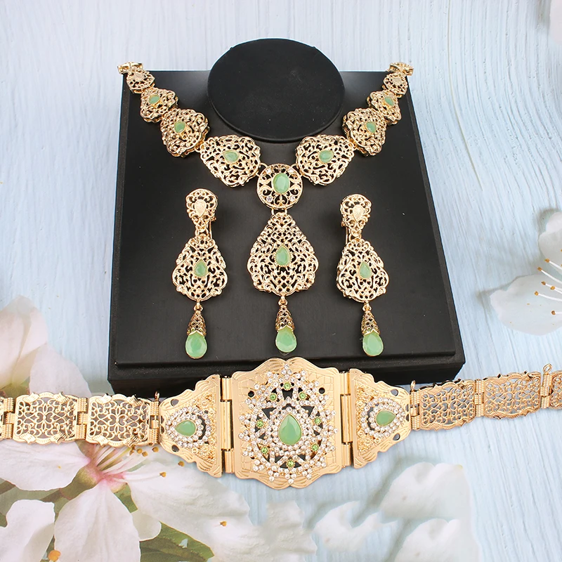 Women Jewelry Set Algeria Wedding Jewelry Crystal Metal Belt Adjustable Necklace Pendant for Women Ladies Necklaces Earring