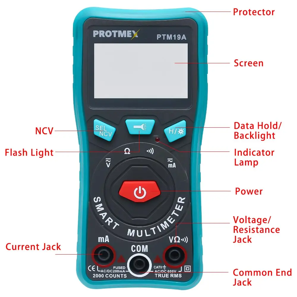 Profeeional Digital Smart Multimeter DC AC Voltage Current Resistance NCV Tester Meter PROTMEX PTM19A LCD Display