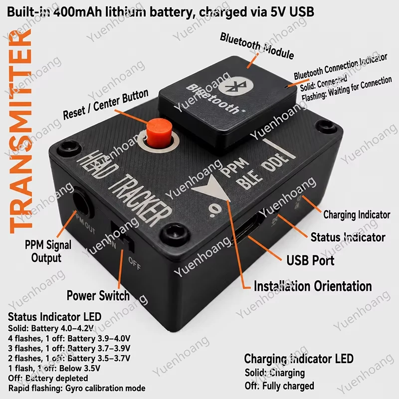 Head‑Tracker Wireless Transmitter Receiver Module with Bluetooth Function PPM Protocol Output for Drone/RC Fixed Wing Airplane