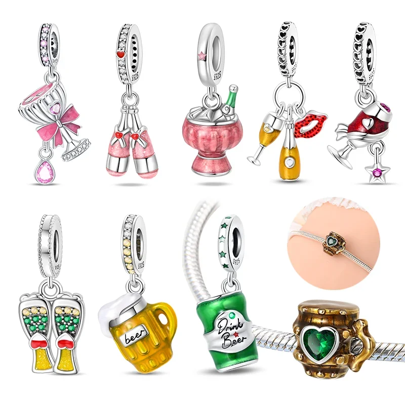

New Silver S925 Beverage Cold Beer Champagne Red Wine Original Charms Beads for Original Bracelets DIY Jewelry for Women Gifts