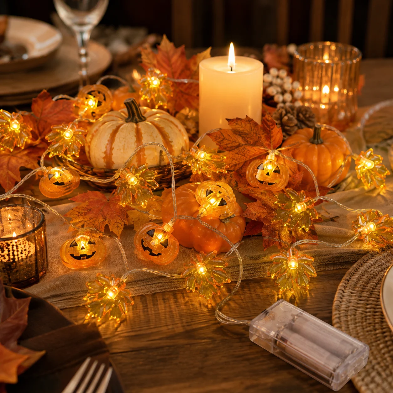 1PC Fall Harvest Pumpkin Maple Leaf String Lights Battery Operated Warm Orange LED Fairy Lamp for Thanksgiving Halloween Decor
