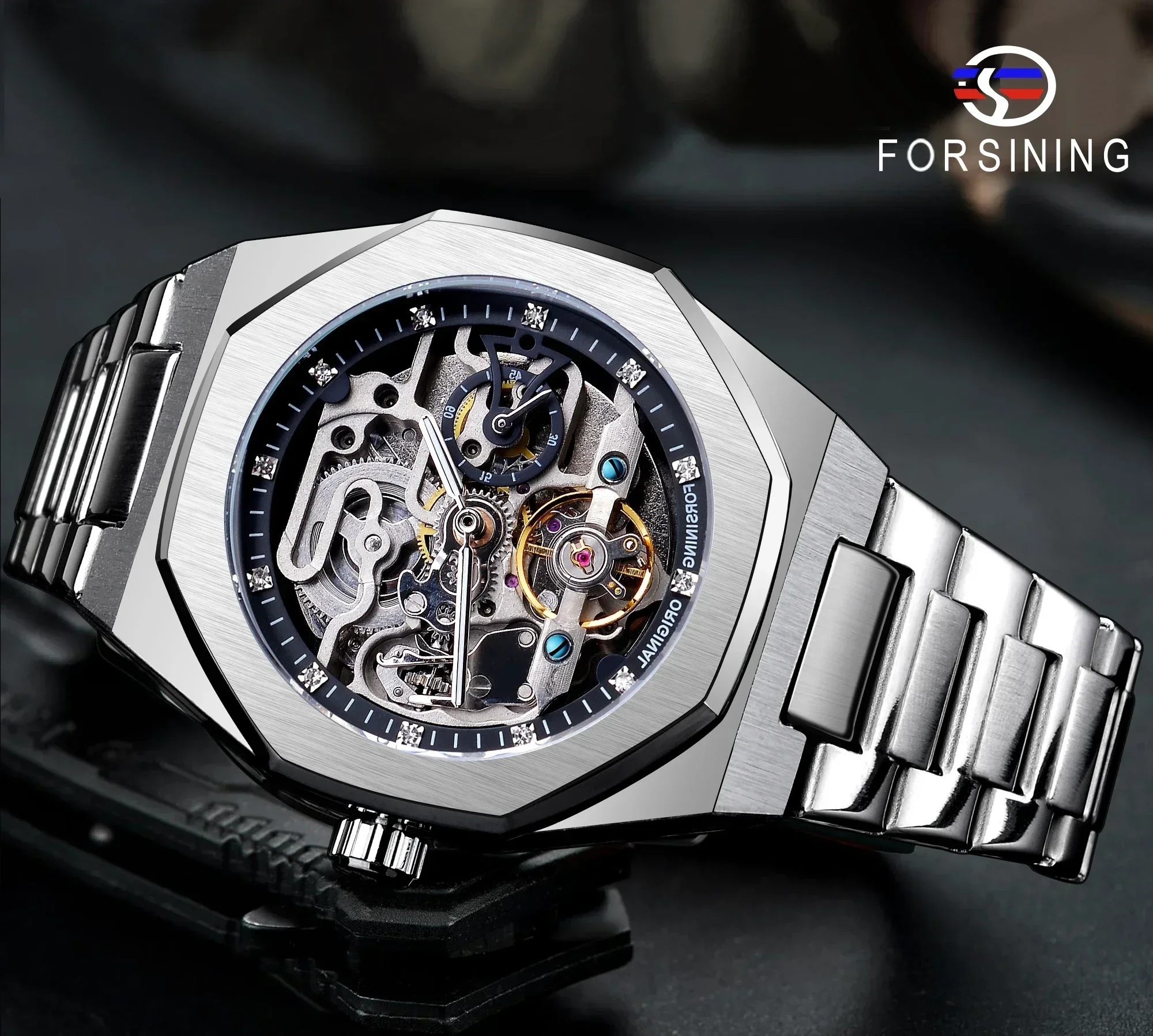 Forsining Automatic 3D Diamond Skeleton Hollow Mens Wristwatches Luminous Military Watches Tourbillon Montre Homme