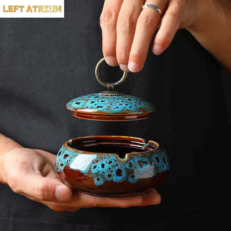 Painted Glazed Porcelain Ashtray Household Living Room Desk Decoration Large Capacity Ceramic Ashtray Gifts for Boyfriend