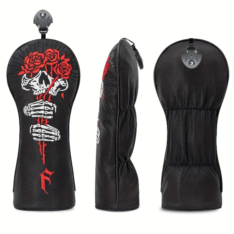 Golf head cover with rose and skull pattern design, golf club accessories, dust-proof and durable, protecting the ball head