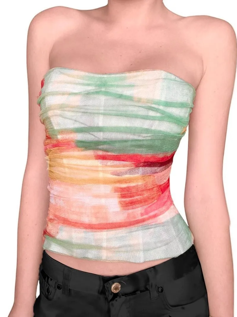 Sexy Tight Fitting Versatile Top Women's Fashion Style 3D Elements A-Line Narrow Strap Vest Ultra Short Length Color Block