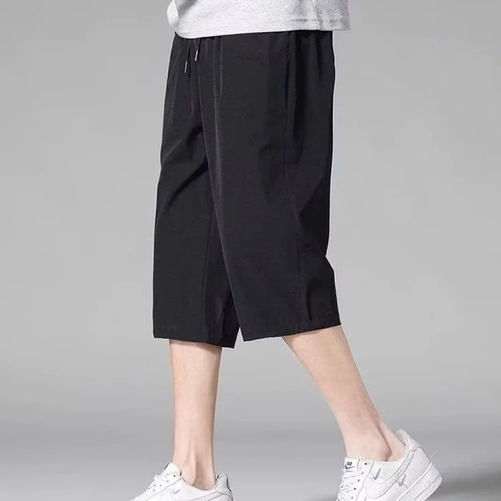 Summer Mens Ice Silk Capris Thin Breathable Quick Dry Trousers Casual Loose Fit Sport Training Running Beach Sweatpants
