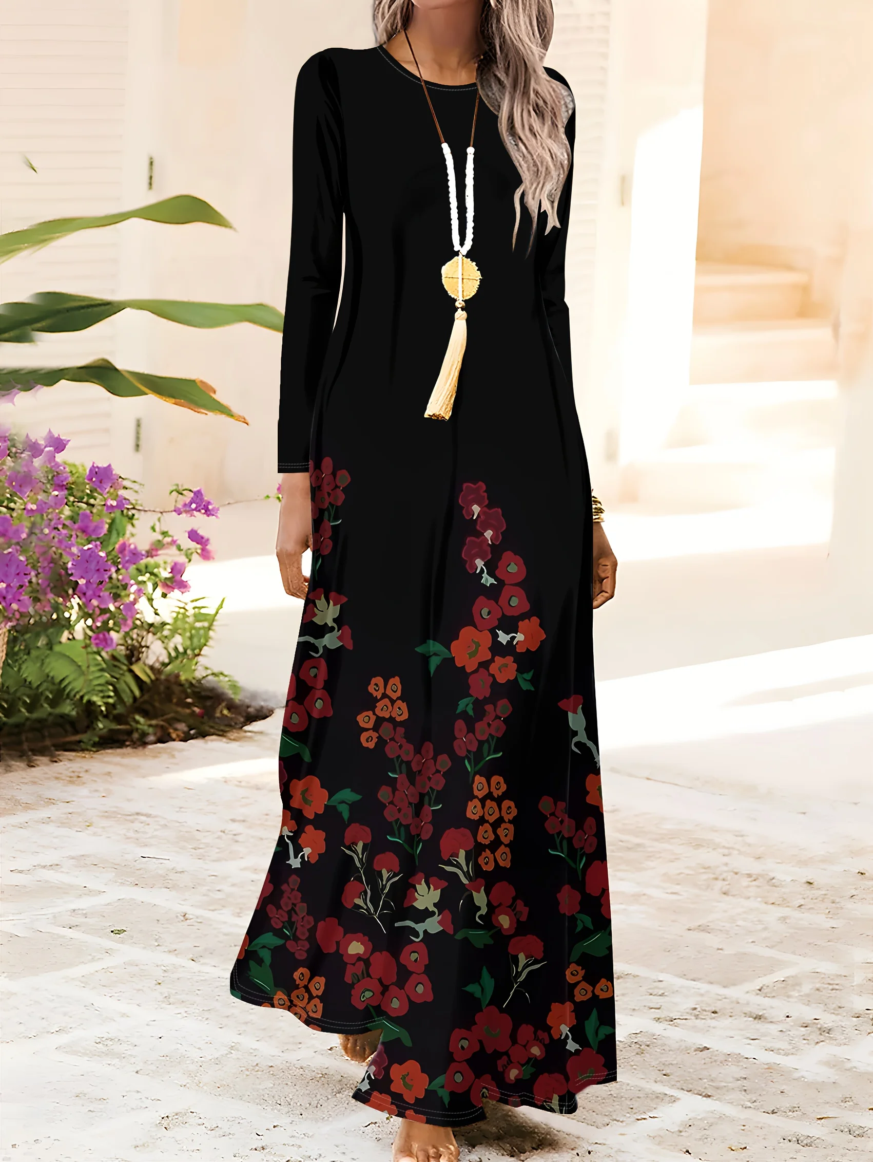 Blumendruck Langarm-Kleid für Damen Frühling Herbst Urlaubsstil Elegantes Rundhals A-Linien Midikleid Lässig Schick Sommer