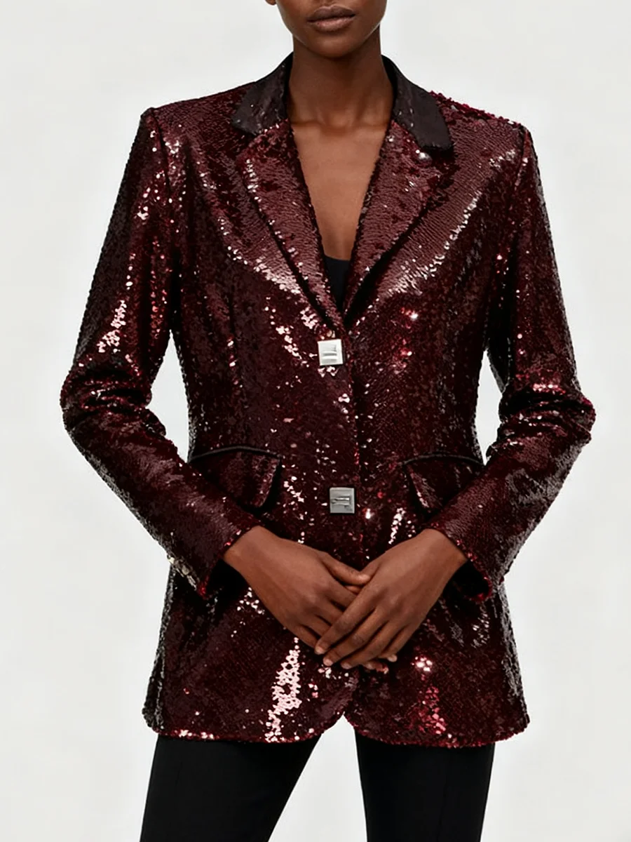 VGH الصلبة تصميم تحسس الترتر الحلل للنساء التلبيب كم طويل تقسم زر الخريف مزاجه السترات الإناث موضة جديدة