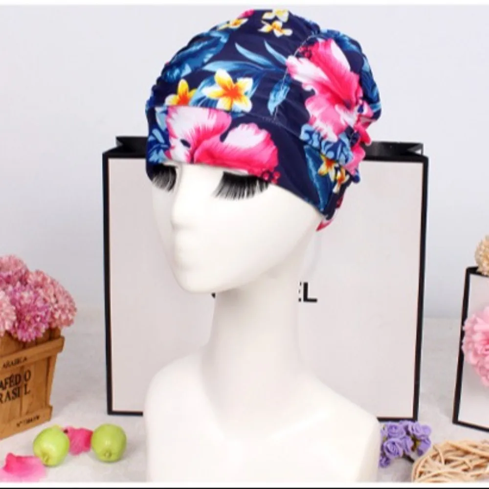 Printed Fabric Oversized Swimming Cap Breathable Long Hair Hot Spring Swimming Cap Free Size Quick Drying Bathing Cap Sand